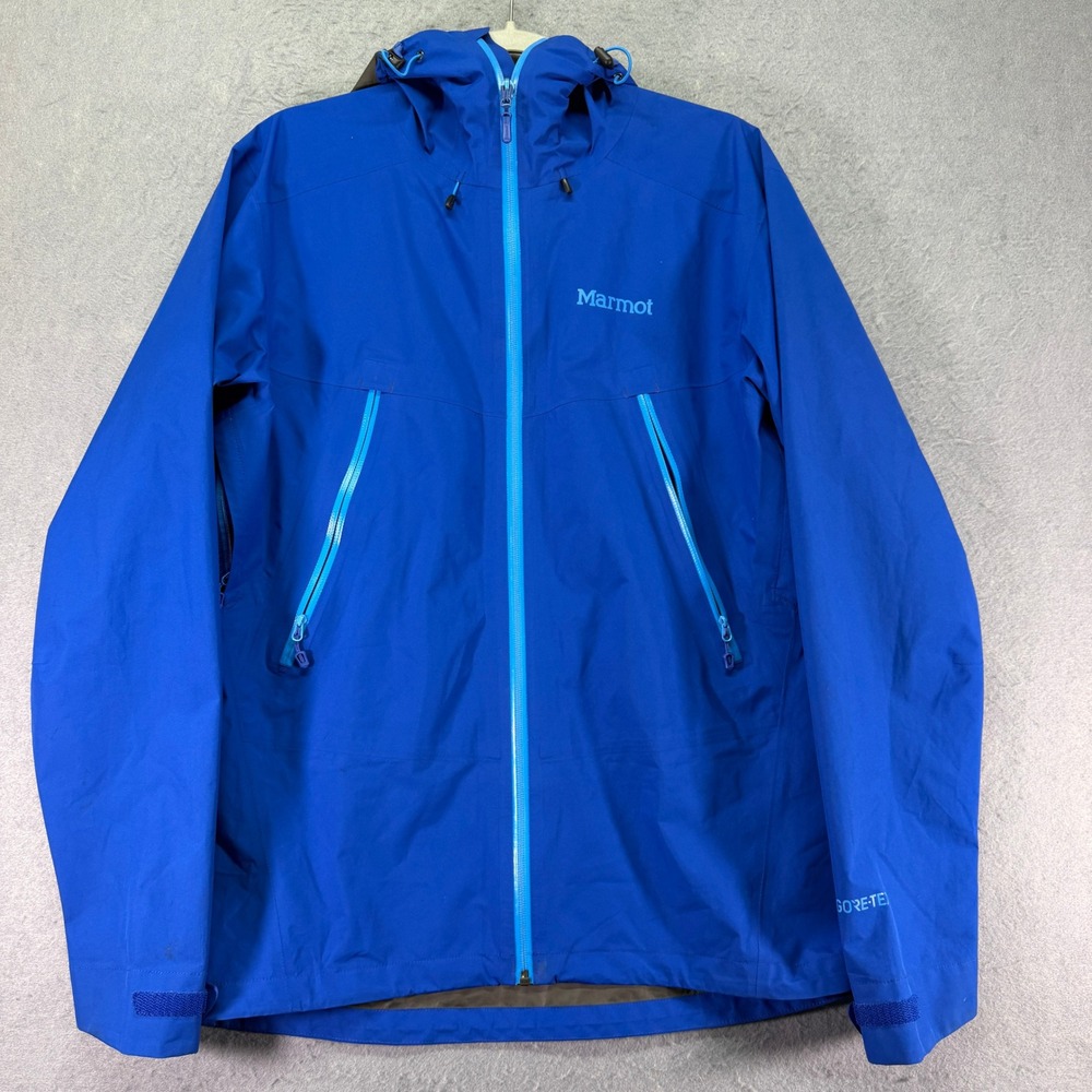 Marmot Mens Gore-Tex Hooded Shell Jacket Blue Waterproof Pit Zips Medium